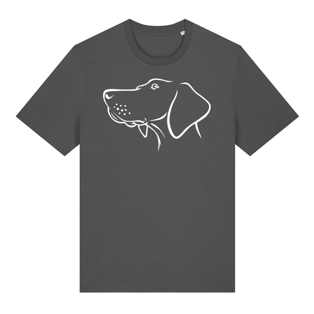 White outline illustration of the head of a Hungarian Vizsla on the front of an anthracite grey unisex t-shirt