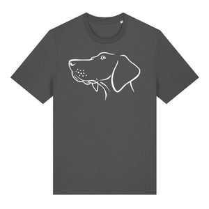 White outline illustration of the head of a Hungarian Vizsla on the front of an anthracite grey unisex t-shirt