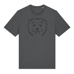Black outline illustration of the head of a West Highland Terrier on the front of an anthracite grey unisex t-shirt