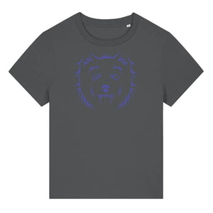Blue outline illustration of the head of a West Highland Terrier on the front of an anthracite grey ladies t-shirt