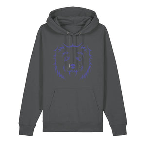 Blue outline illustration of the head of a West Highland Terrier on the front of an anthracite grey unisex Hoodie