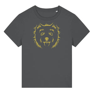 Gold outline illustration of the head of a West Highland Terrier on the front of an anthracite grey ladies t-shirt