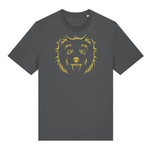 Gold outline illustration of the head of a West Highland Terrier on the front of an anthracite grey unisex t-shirt