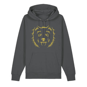 Gold outline illustration of the head of a West Highland Terrier on the front of an anthracite grey unisex Hoodie