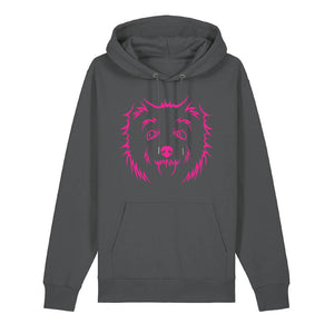 Magenta outline illustration of the head of a West Highland Terrier on the front of an anthracite grey unisex Hoodie
