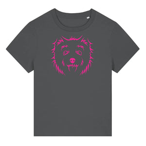 Magenta outline illustration of the head of a West Highland Terrier on the front of an anthracite grey ladies t-shirt