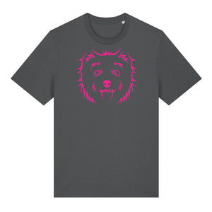 Magenta outline illustration of the head of a West Highland Terrier on the front of an anthracite grey unisex t-shirt
