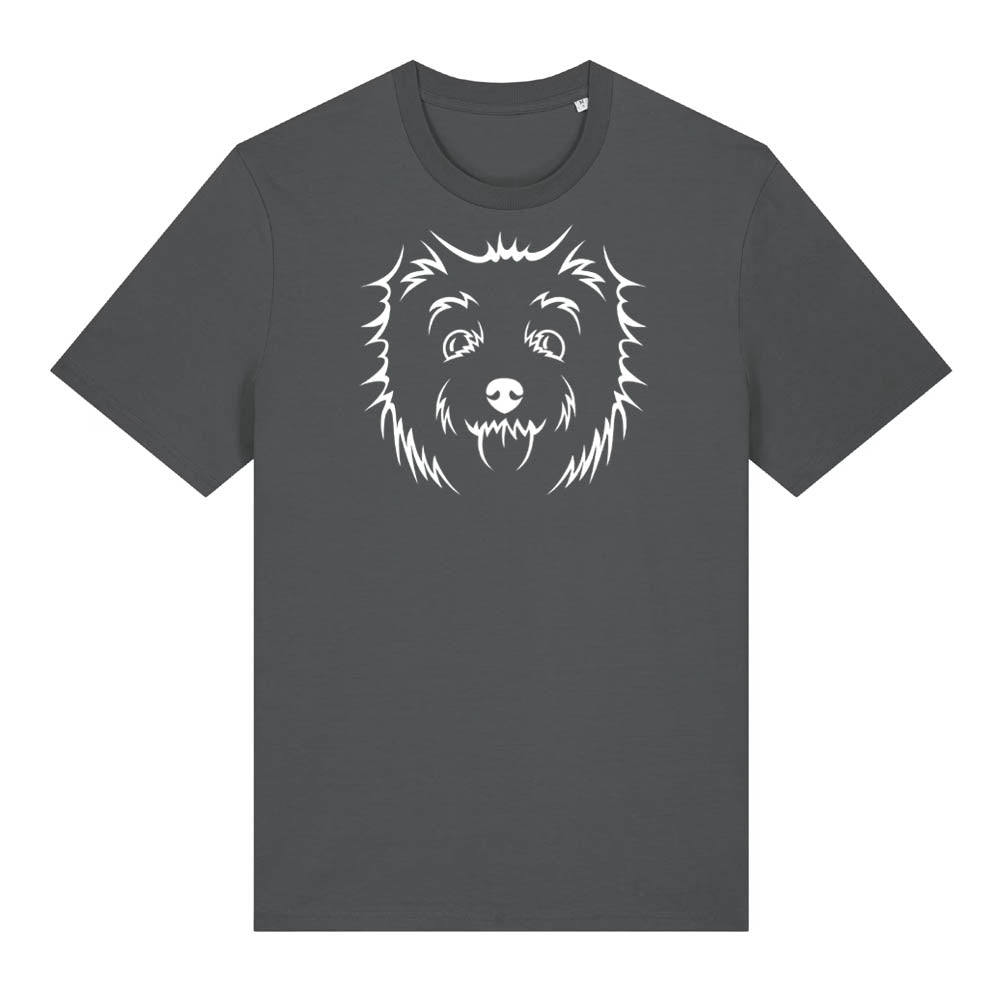 White outline illustration of the head of a West Highland Terrier on the front of an anthracite grey unisex t-shirt