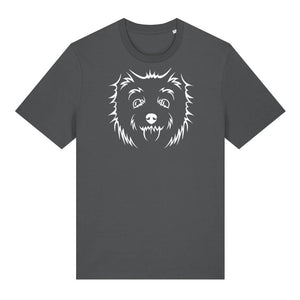 White outline illustration of the head of a West Highland Terrier on the front of an anthracite grey unisex t-shirt