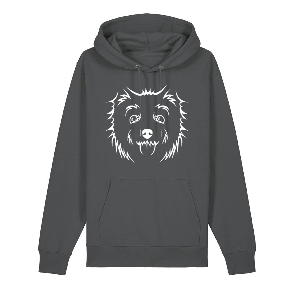 White outline illustration of the head of a West Highland Terrier on the front of an anthracite grey unisex Hoodie