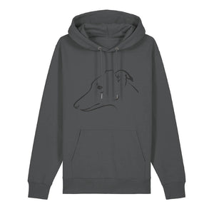 Black outline illustration of the head of a Whippet on the front of an anthracite grey unisex Hoodie