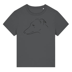 Back outline illustration of the head of a Whippet on the front of an anthracite grey ladies t-shirt