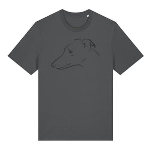Black outline illustration of the head of a whippet on the front of an anthracite grey unisex t-shirt