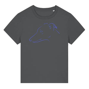 Blue outline illustration of the head of a Whippet on the front of an anthracite grey ladies t-shirt