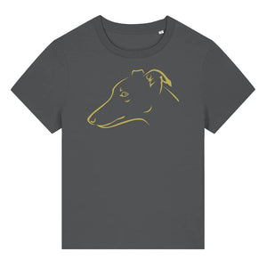 Gold outline illustration of the head of a Whippet on the front of an anthracite grey ladies t-shirt