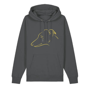 Gold outline illustration of the head of a Whippet on the front of an anthracite grey unisex Hoodie