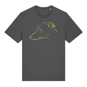 Gold outline illustration of the head of a whippet on the front of an anthracite grey unisex t-shirt