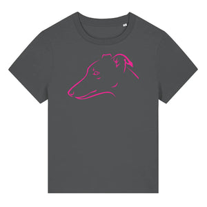 Magenta outline illustration of the head of a Whippet on the front of an anthracite grey ladies t-shirt
