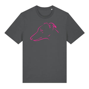 Magenta outline illustration of the head of a whippet on the front of an anthracite grey unisex t-shirt
