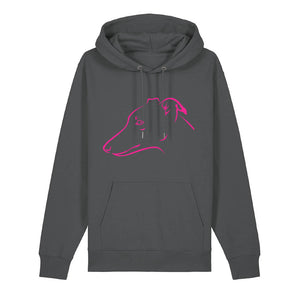 Magenta outline illustration of the head of a Whippet on the front of an anthracite grey unisex Hoodie
