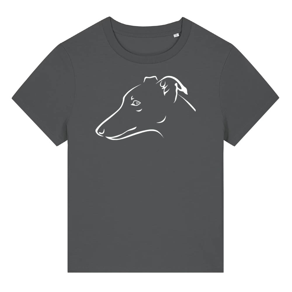 White outline illustration of the head of a Whippet on the front of an anthracite grey ladies t-shirt