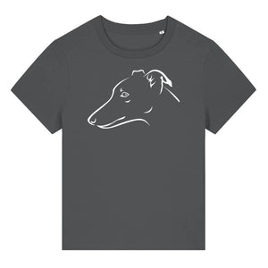 White outline illustration of the head of a Whippet on the front of an anthracite grey ladies t-shirt