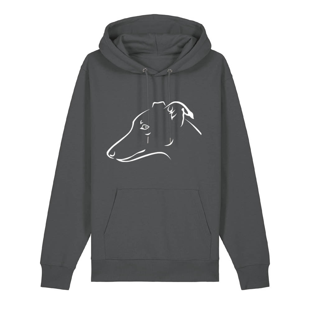 White outline illustration of the head of a Whippet on the front of an anthracite grey unisex Hoodie