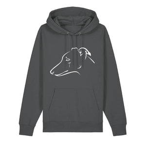 White outline illustration of the head of a Whippet on the front of an anthracite grey unisex Hoodie