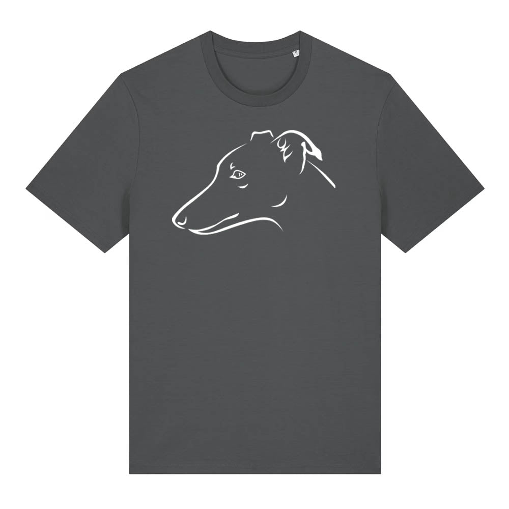 White outline illustration of the head of a whippet on the front of an anthracite grey unisex t-shirt