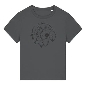 Black outline illustration of the head of a Wirehaired Pointer on the front of an anthracite grey ladies t-shirt