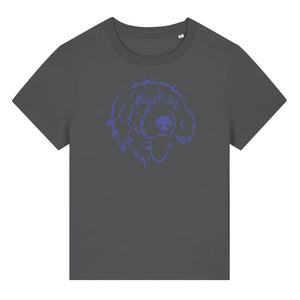 Blue outline illustration of the head of a Wirehaired Pointer on the front of an anthracite grey ladies t-shirt