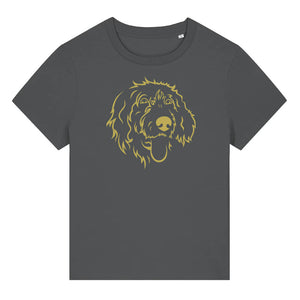 Gold outline illustration of the head of a Wirehaired Pointer on the front of an anthracite grey ladies t-shirt