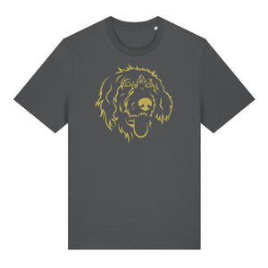 Gold outline illustration of the head of a Wirehaired Pointer on the front of an anthracite grey unisex t-shirt