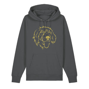 Gold outline illustration of the head of a Wirehaired Pointer on the front of an anthracite grey unisex Hoodie