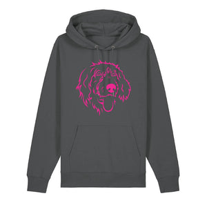 Magenta outline illustration of the head of a Wirehaired Pointer on the front of an anthracite grey unisex Hoodie