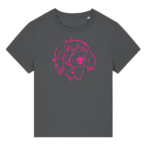 Magenta outline illustration of the head of a Wirehaired Pointer on the front of an anthracite grey ladies t-shirt