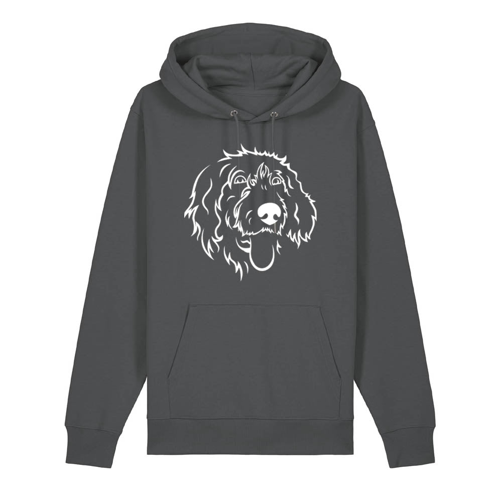 White outline illustration of the head of a Wirehaired Pointer on the front of an anthracite grey unisex Hoodie