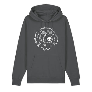 White outline illustration of the head of a Wirehaired Pointer on the front of an anthracite grey unisex Hoodie