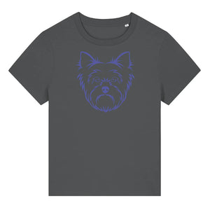 Blue outline illustration of the head of a Yorkshire Terrier on the front of an anthracite grey ladies t-shirt