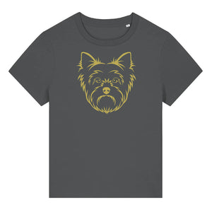 Gold outline illustration of the head of a Yorkshire Terrier on the front of an anthracite grey ladies t-shirt