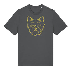 Gold outline illustration of the head of a Yorkshire Terrier on the front of an anthracite grey unisex t-shirt