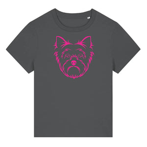 Magenta outline illustration of the head of a Yorkshire Terrier on the front of an anthracite grey ladies t-shirt