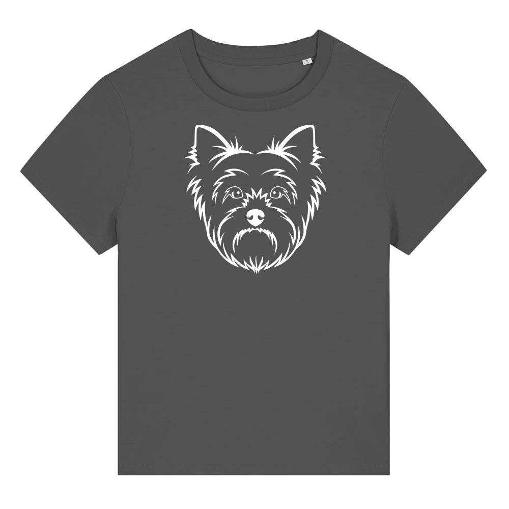 White outline illustration of the head of a Yorkshire Terrier on the front of an anthracite grey ladies t-shirt