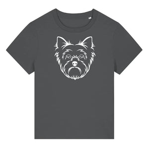 White outline illustration of the head of a Yorkshire Terrier on the front of an anthracite grey ladies t-shirt