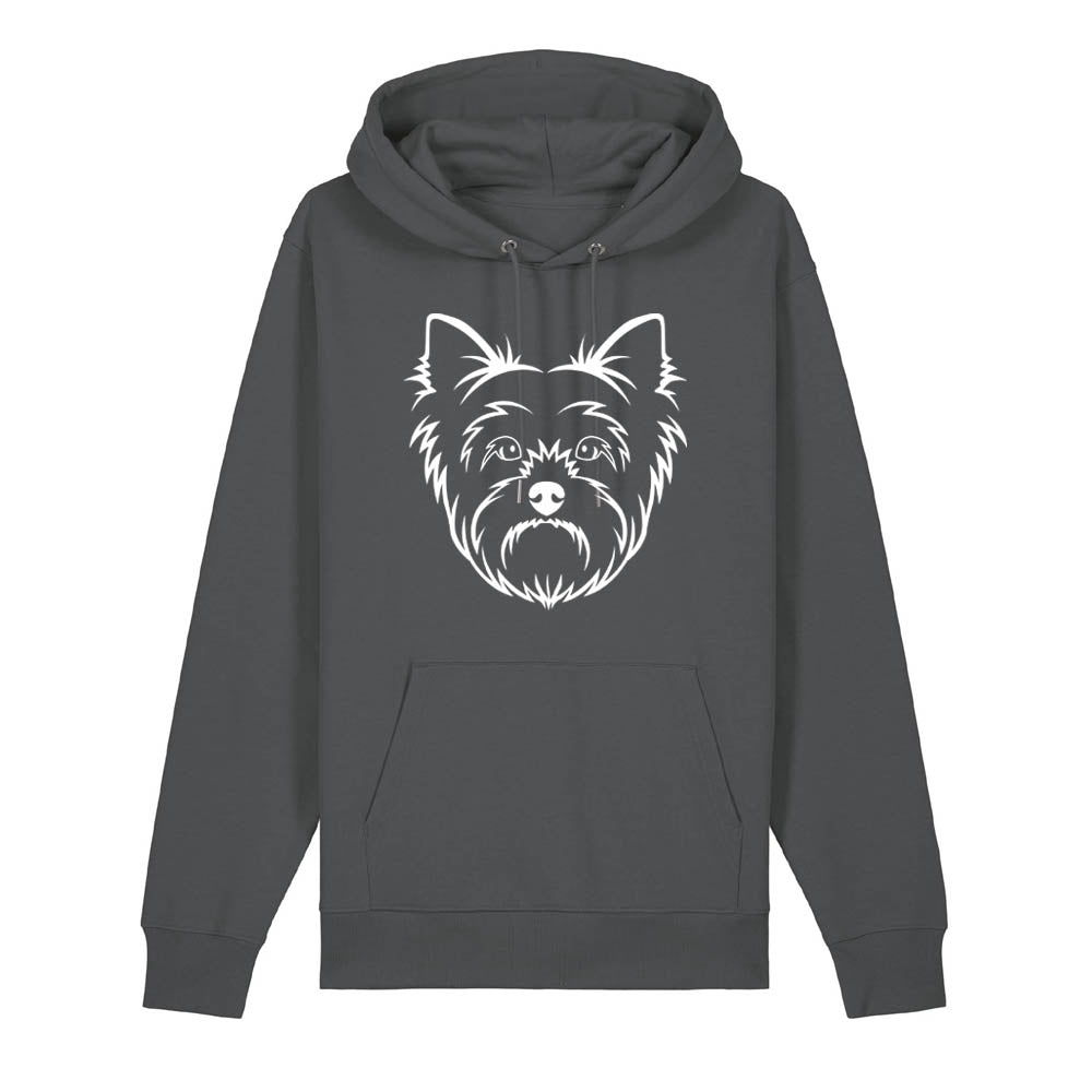 White outline illustration of the head of a Yorkshire Terrier on the front of an anthracite grey unisex Hoodie