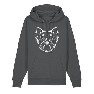 White outline illustration of the head of a Yorkshire Terrier on the front of an anthracite grey unisex Hoodie