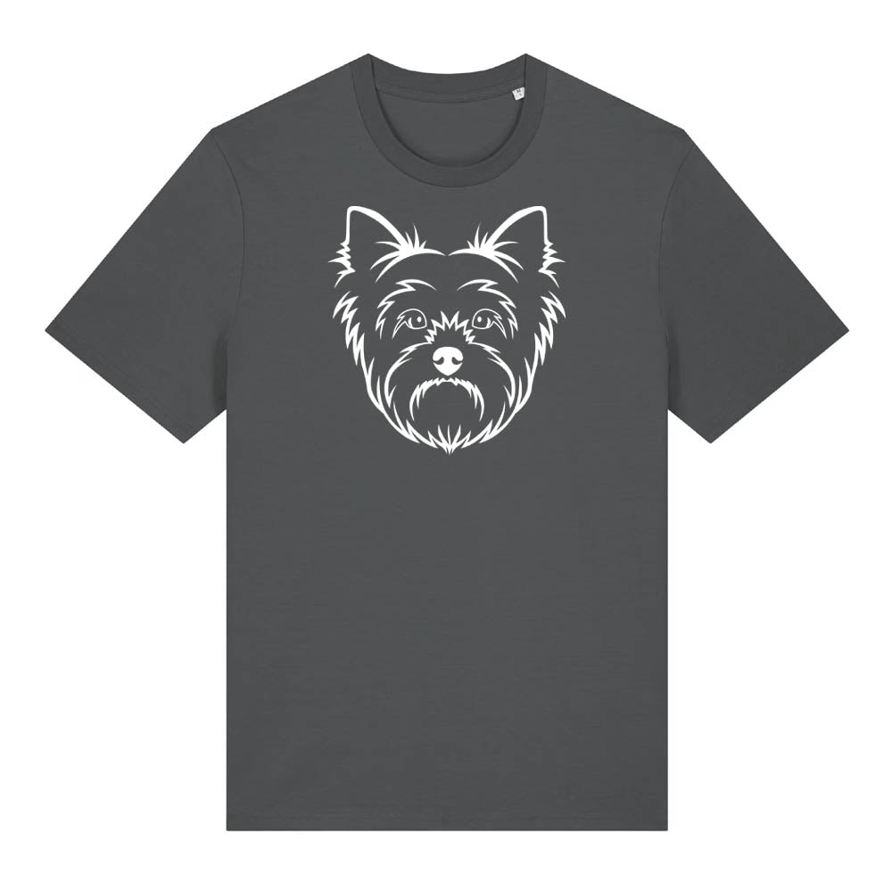 White outline illustration of the head of a Yorkshire Terrier on the front of an anthracite grey unisex t-shirt