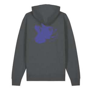 Blue outline illustration of the head of a Boston Terrier on the back of an anthracite grey unisex Hoodie
