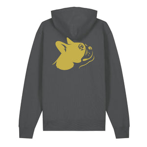 Gold outline illustration of the head of a Boston Terrier on the back of an anthracite grey unisex Hoodie