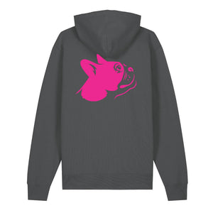 Magenta outline illustration of the head of a Boston Terrier on the back of an anthracite grey unisex Hoodie